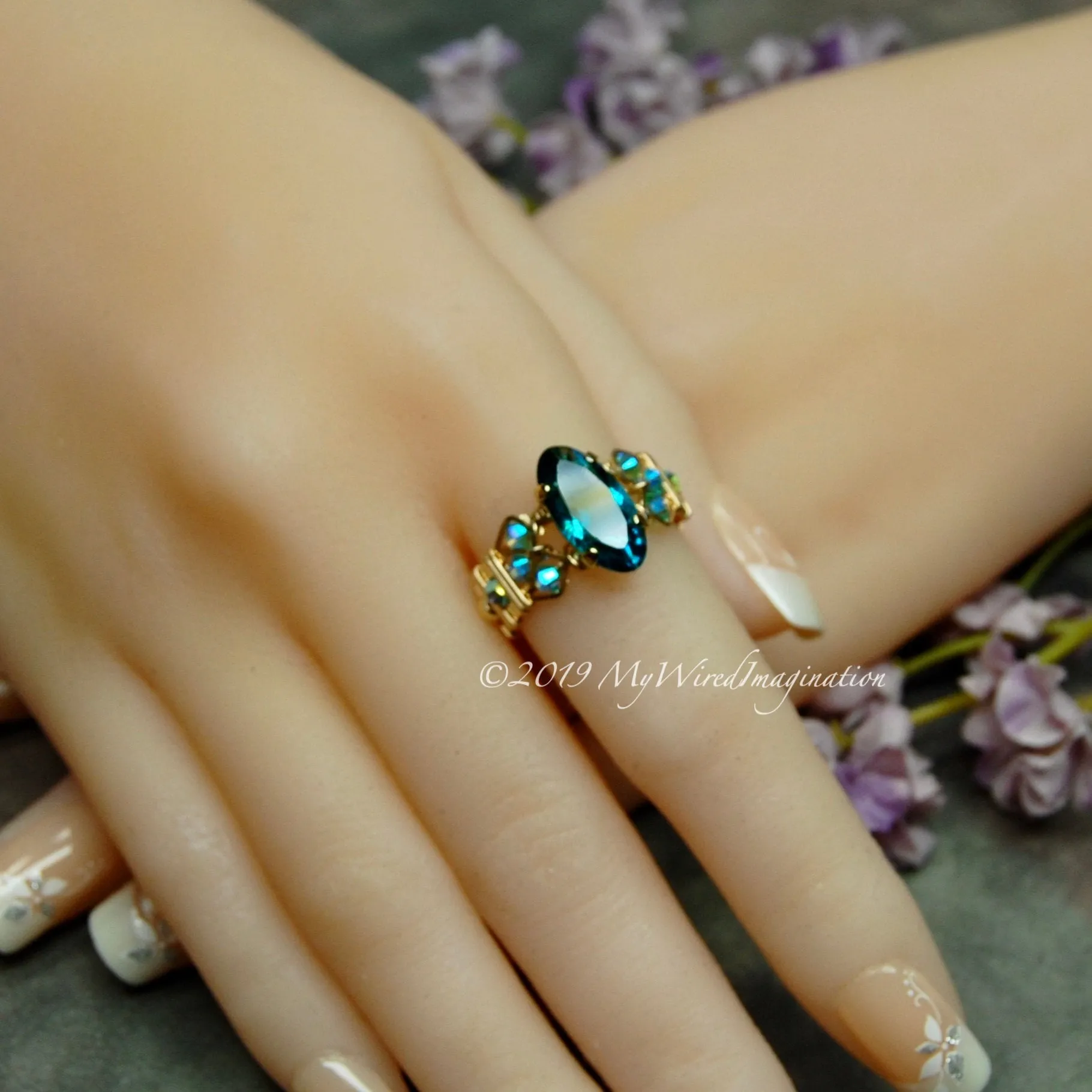 Blue Zircon, Vintage Swarovski Crystal, Rare Rounded Marquise Shaped Stone, Handmade Ring, GF US Size 7.25