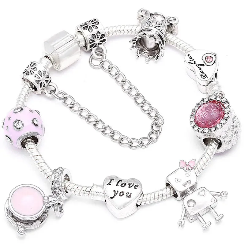 Buipoey Silver Plated Heart Key Pendant Charm Bracelets For Women Original Girls Princess Crown Beaded Bracelet Wife Jewelry