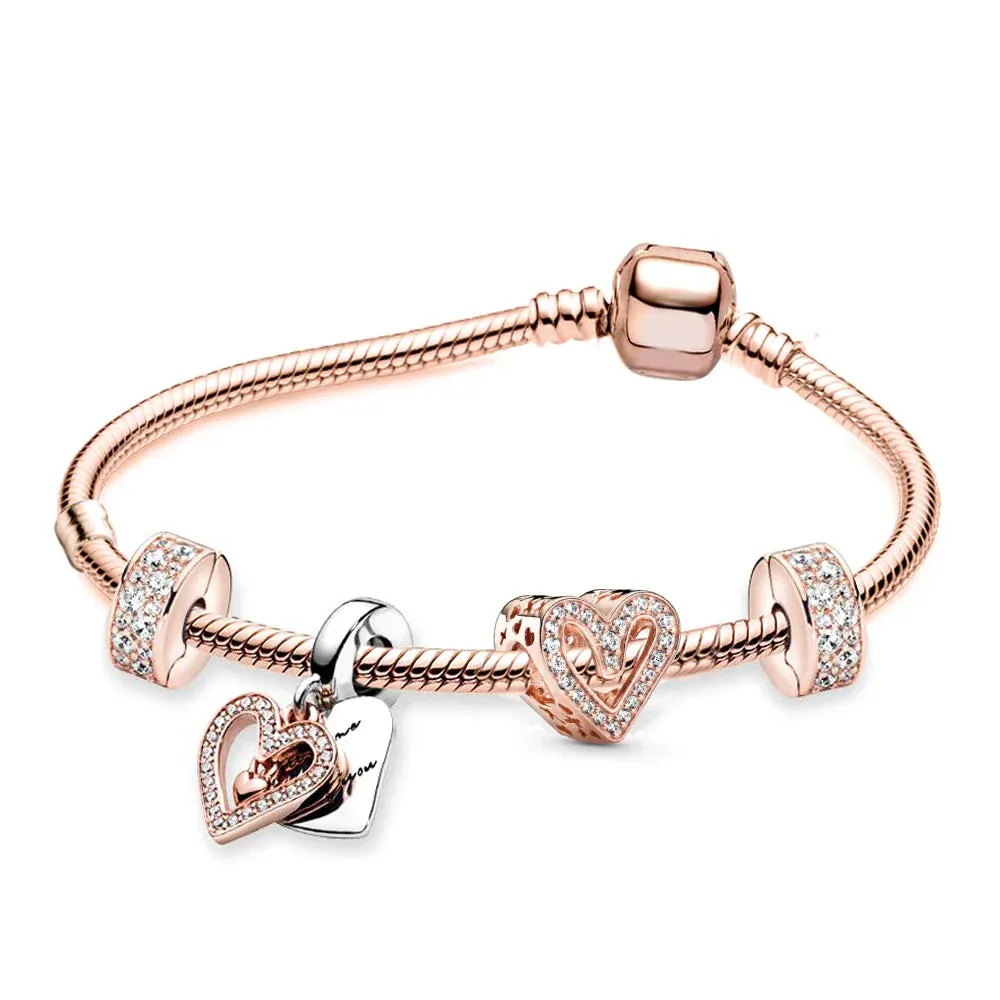Buipoey Silver Plated Heart Key Pendant Charm Bracelets For Women Original Girls Princess Crown Beaded Bracelet Wife Jewelry