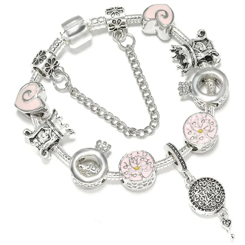 Buipoey Silver Plated Heart Key Pendant Charm Bracelets For Women Original Girls Princess Crown Beaded Bracelet Wife Jewelry