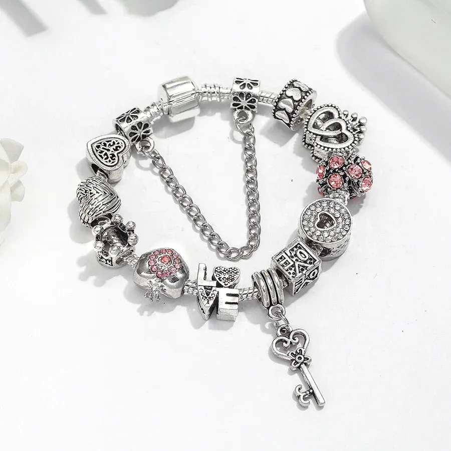 Buipoey Silver Plated Heart Key Pendant Charm Bracelets For Women Original Girls Princess Crown Beaded Bracelet Wife Jewelry