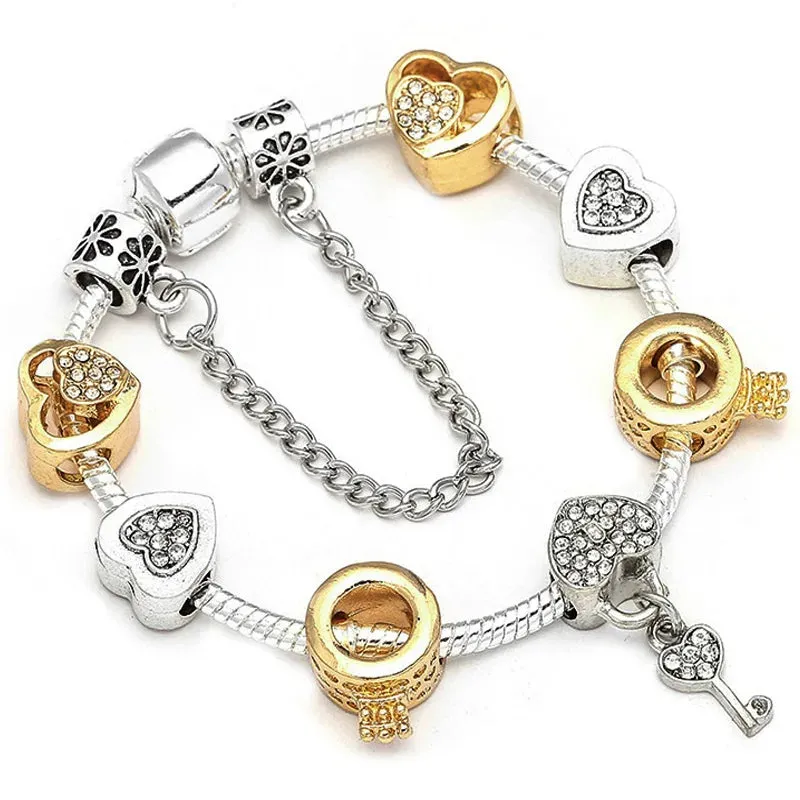 Buipoey Silver Plated Heart Key Pendant Charm Bracelets For Women Original Girls Princess Crown Beaded Bracelet Wife Jewelry