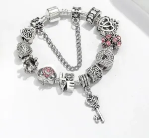 Buipoey Silver Plated Heart Key Pendant Charm Bracelets For Women Original Girls Princess Crown Beaded Bracelet Wife Jewelry