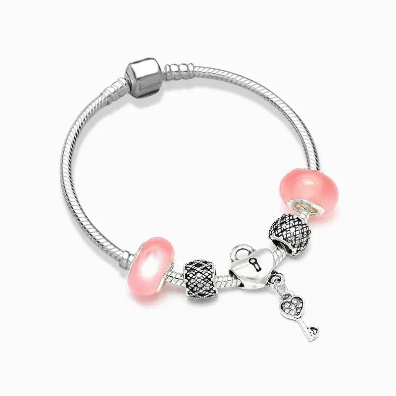 Buipoey Silver Plated Heart Key Pendant Charm Bracelets For Women Original Girls Princess Crown Beaded Bracelet Wife Jewelry