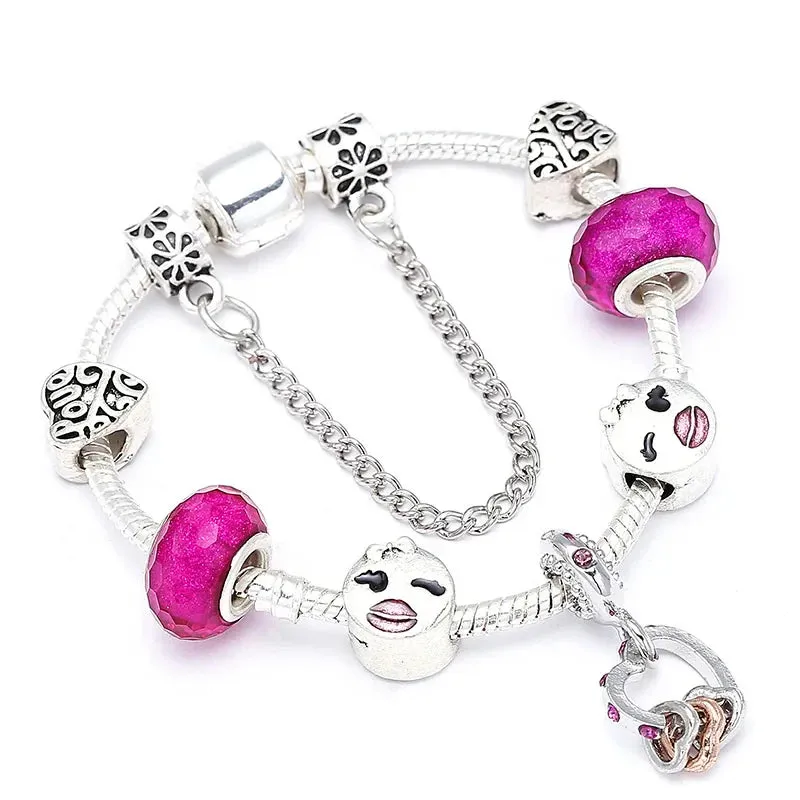 Buipoey Silver Plated Heart Key Pendant Charm Bracelets For Women Original Girls Princess Crown Beaded Bracelet Wife Jewelry