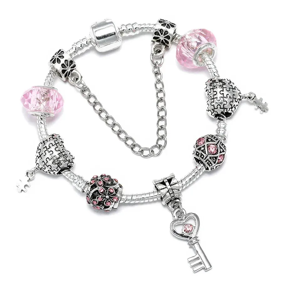 Buipoey Silver Plated Heart Key Pendant Charm Bracelets For Women Original Girls Princess Crown Beaded Bracelet Wife Jewelry
