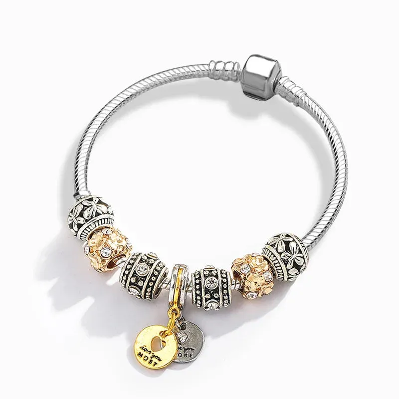 Buipoey Silver Plated Heart Key Pendant Charm Bracelets For Women Original Girls Princess Crown Beaded Bracelet Wife Jewelry