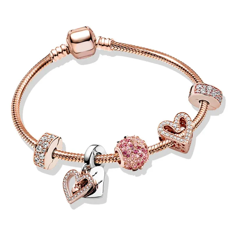Buipoey Silver Plated Heart Key Pendant Charm Bracelets For Women Original Girls Princess Crown Beaded Bracelet Wife Jewelry