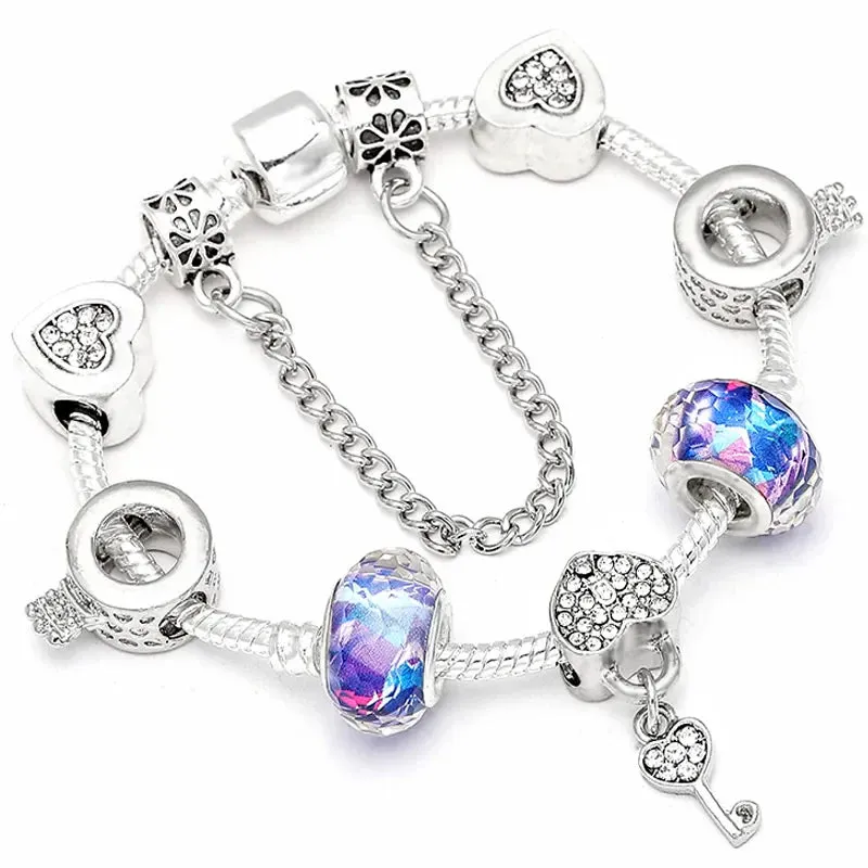 Buipoey Silver Plated Heart Key Pendant Charm Bracelets For Women Original Girls Princess Crown Beaded Bracelet Wife Jewelry