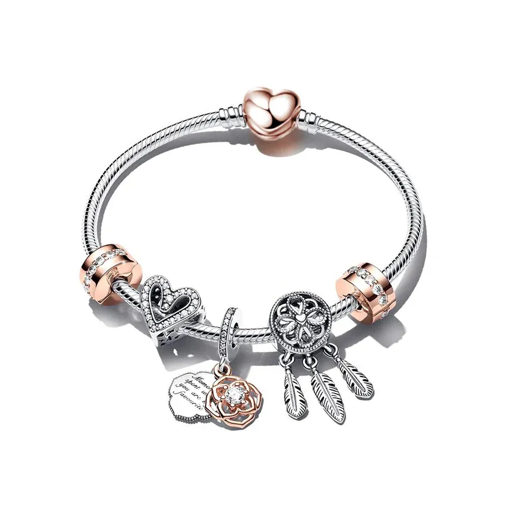 Buipoey Silver Plated Heart Key Pendant Charm Bracelets For Women Original Girls Princess Crown Beaded Bracelet Wife Jewelry