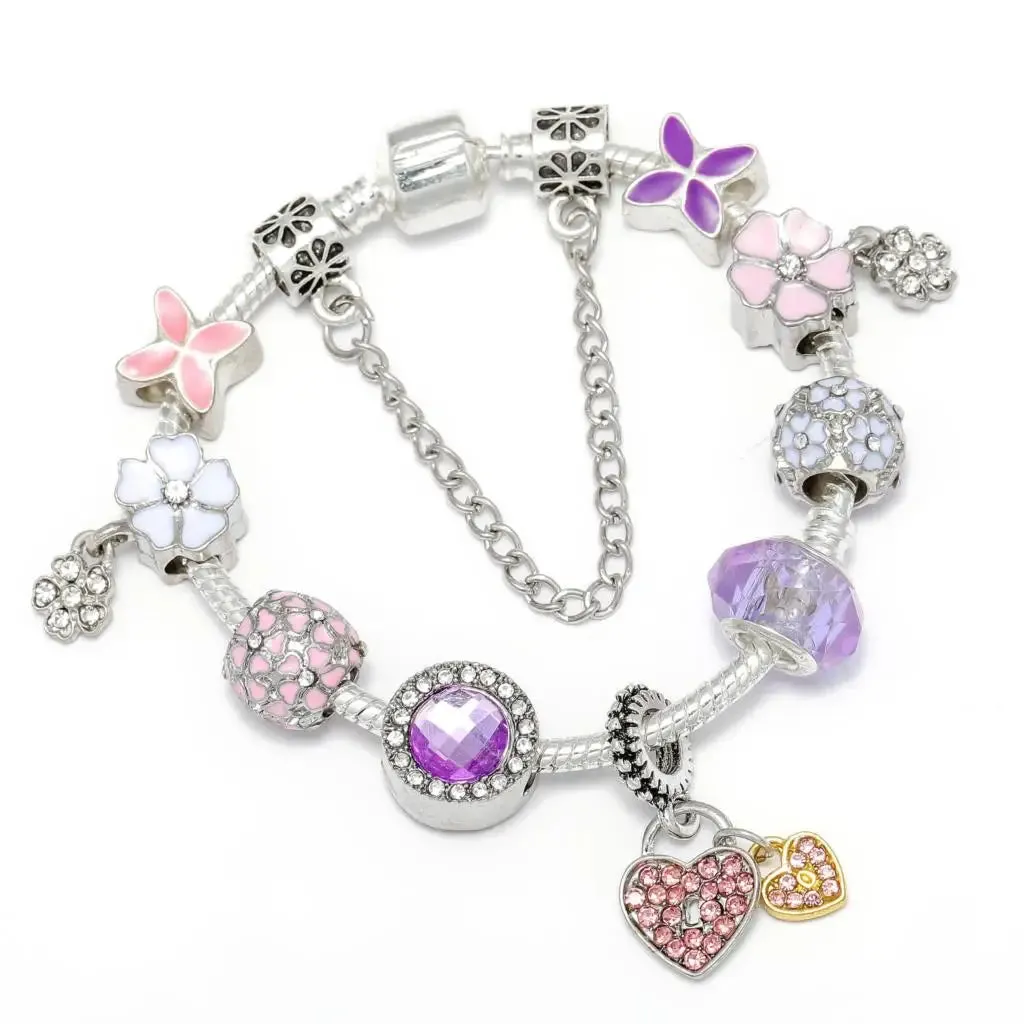 Buipoey Silver Plated Heart Key Pendant Charm Bracelets For Women Original Girls Princess Crown Beaded Bracelet Wife Jewelry