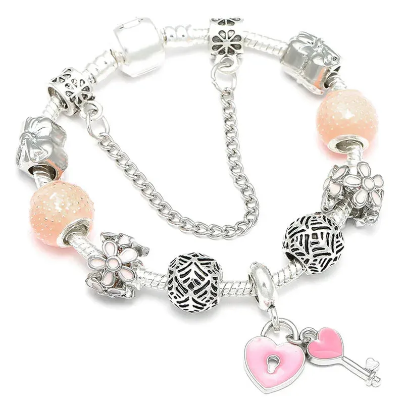 Buipoey Silver Plated Heart Key Pendant Charm Bracelets For Women Original Girls Princess Crown Beaded Bracelet Wife Jewelry