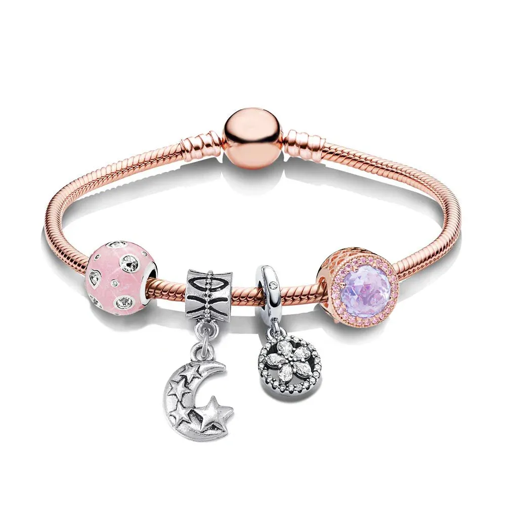 Buipoey Silver Plated Heart Key Pendant Charm Bracelets For Women Original Girls Princess Crown Beaded Bracelet Wife Jewelry