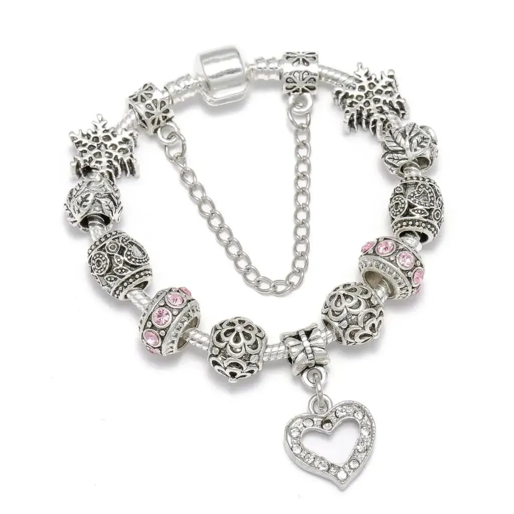 Buipoey Silver Plated Heart Key Pendant Charm Bracelets For Women Original Girls Princess Crown Beaded Bracelet Wife Jewelry