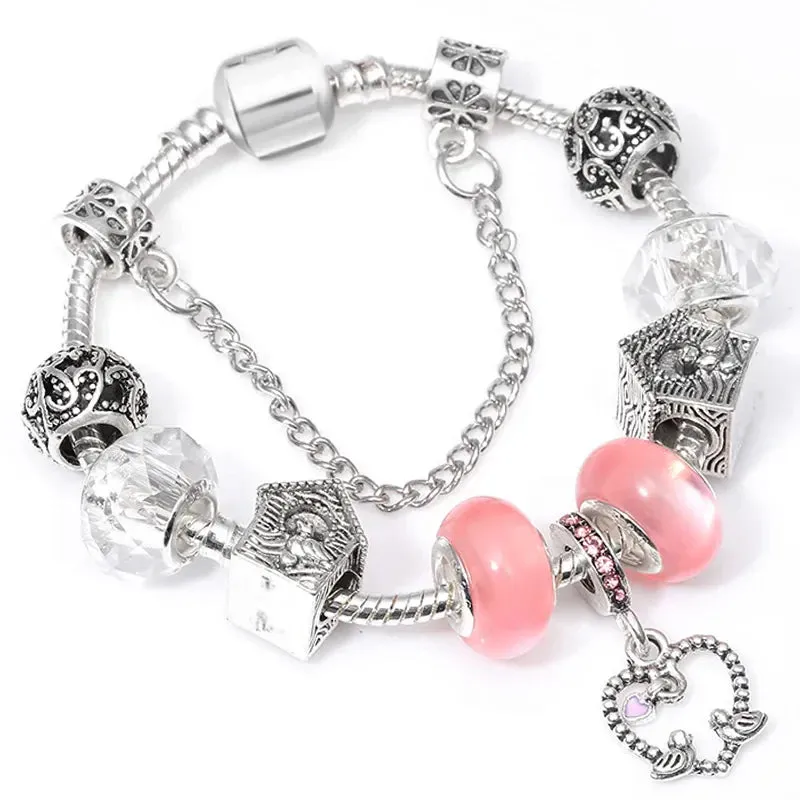 Buipoey Silver Plated Heart Key Pendant Charm Bracelets For Women Original Girls Princess Crown Beaded Bracelet Wife Jewelry