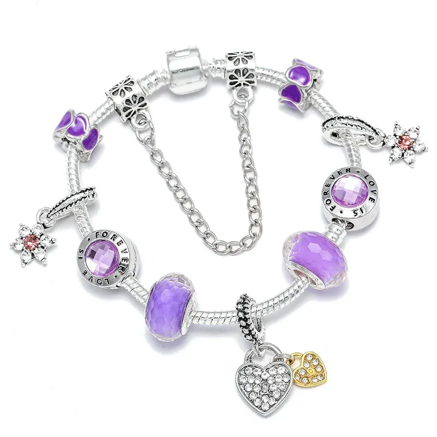 Buipoey Silver Plated Heart Key Pendant Charm Bracelets For Women Original Girls Princess Crown Beaded Bracelet Wife Jewelry