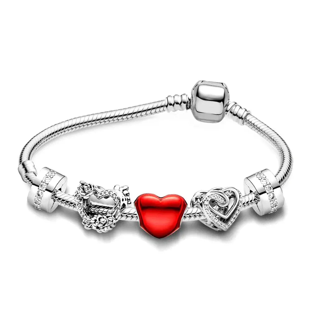 Buipoey Silver Plated Heart Key Pendant Charm Bracelets For Women Original Girls Princess Crown Beaded Bracelet Wife Jewelry