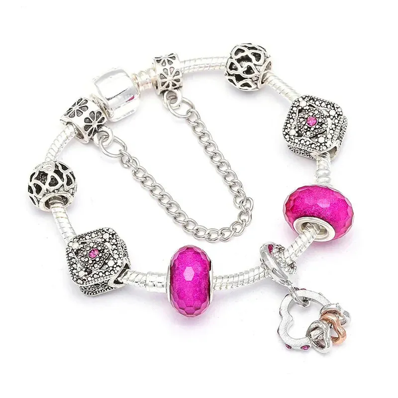 Buipoey Silver Plated Heart Key Pendant Charm Bracelets For Women Original Girls Princess Crown Beaded Bracelet Wife Jewelry