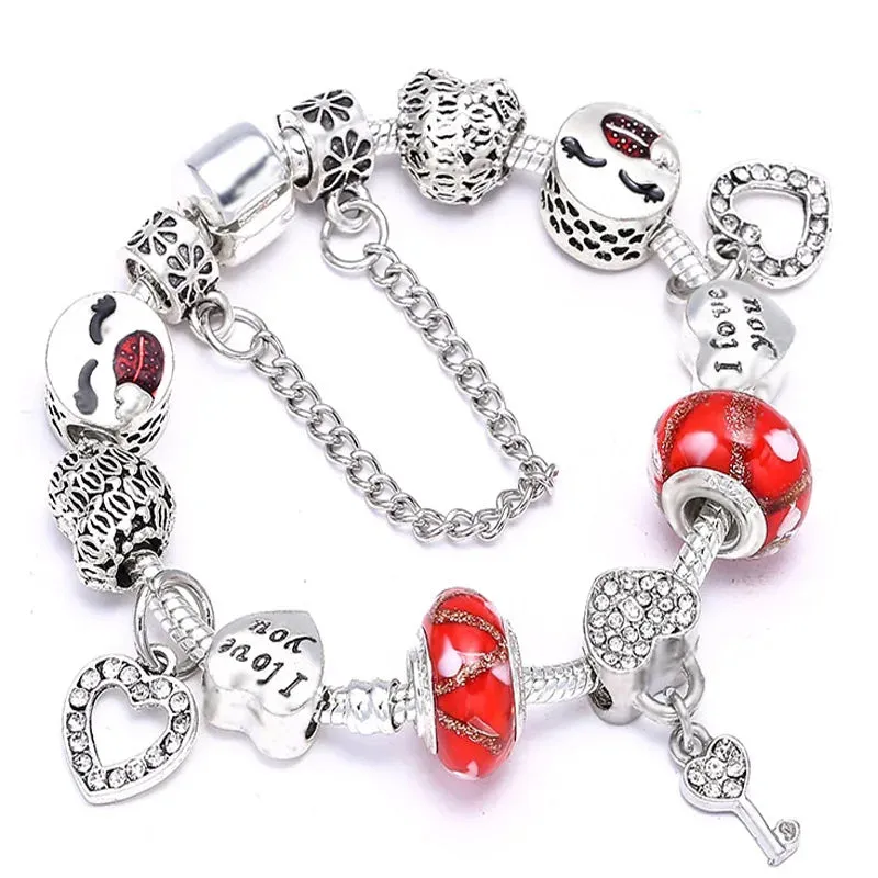 Buipoey Silver Plated Heart Key Pendant Charm Bracelets For Women Original Girls Princess Crown Beaded Bracelet Wife Jewelry