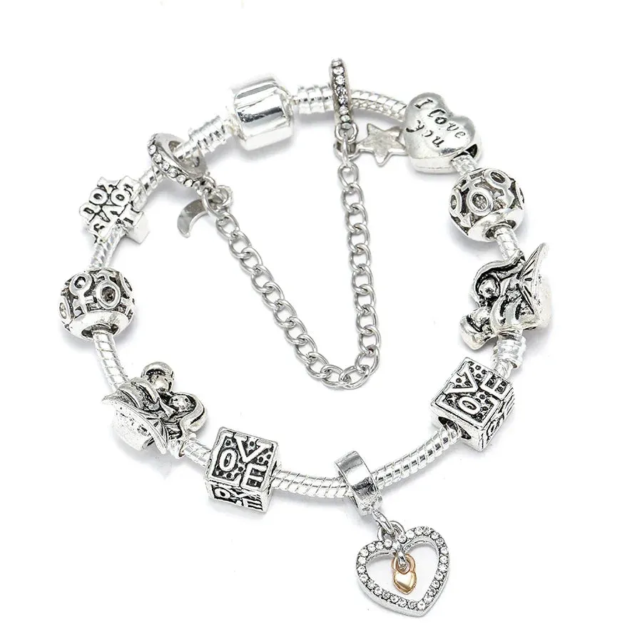 Buipoey Silver Plated Heart Key Pendant Charm Bracelets For Women Original Girls Princess Crown Beaded Bracelet Wife Jewelry