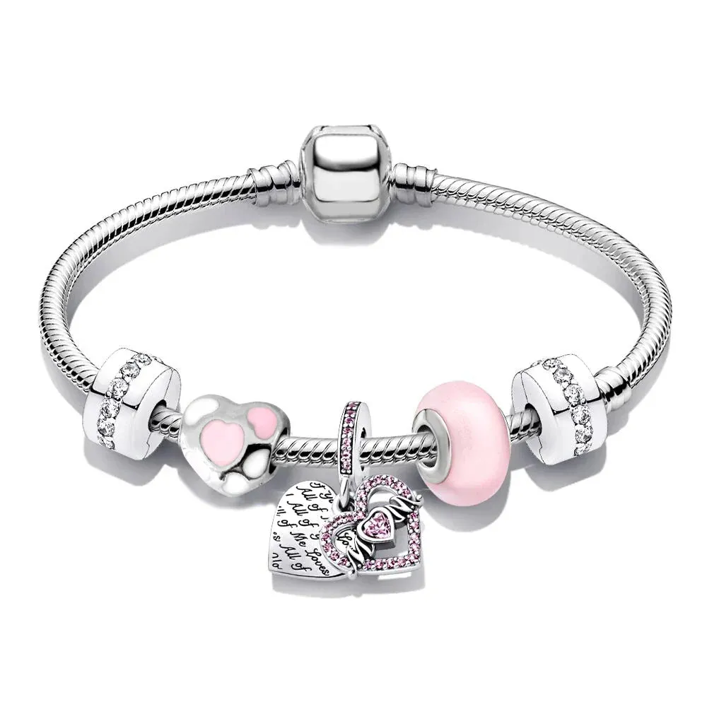 Buipoey Silver Plated Heart Key Pendant Charm Bracelets For Women Original Girls Princess Crown Beaded Bracelet Wife Jewelry