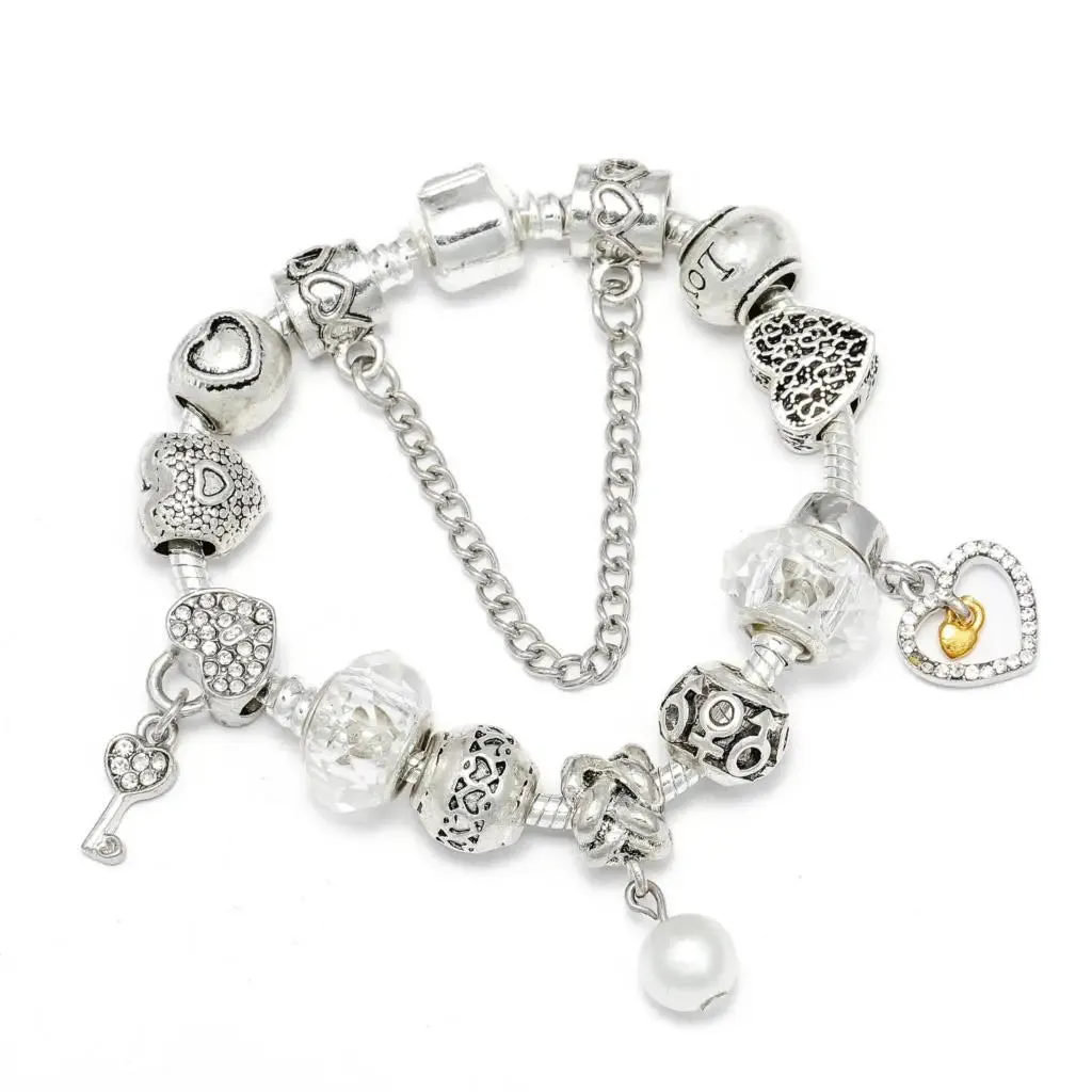 Buipoey Silver Plated Heart Key Pendant Charm Bracelets For Women Original Girls Princess Crown Beaded Bracelet Wife Jewelry