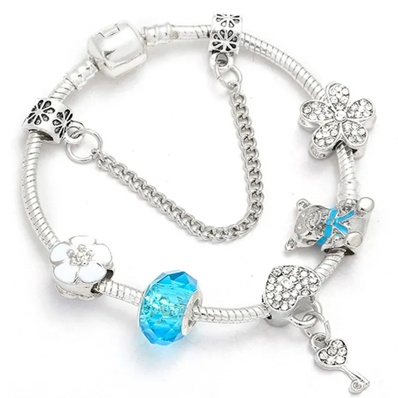 Buipoey Silver Plated Heart Key Pendant Charm Bracelets For Women Original Girls Princess Crown Beaded Bracelet Wife Jewelry