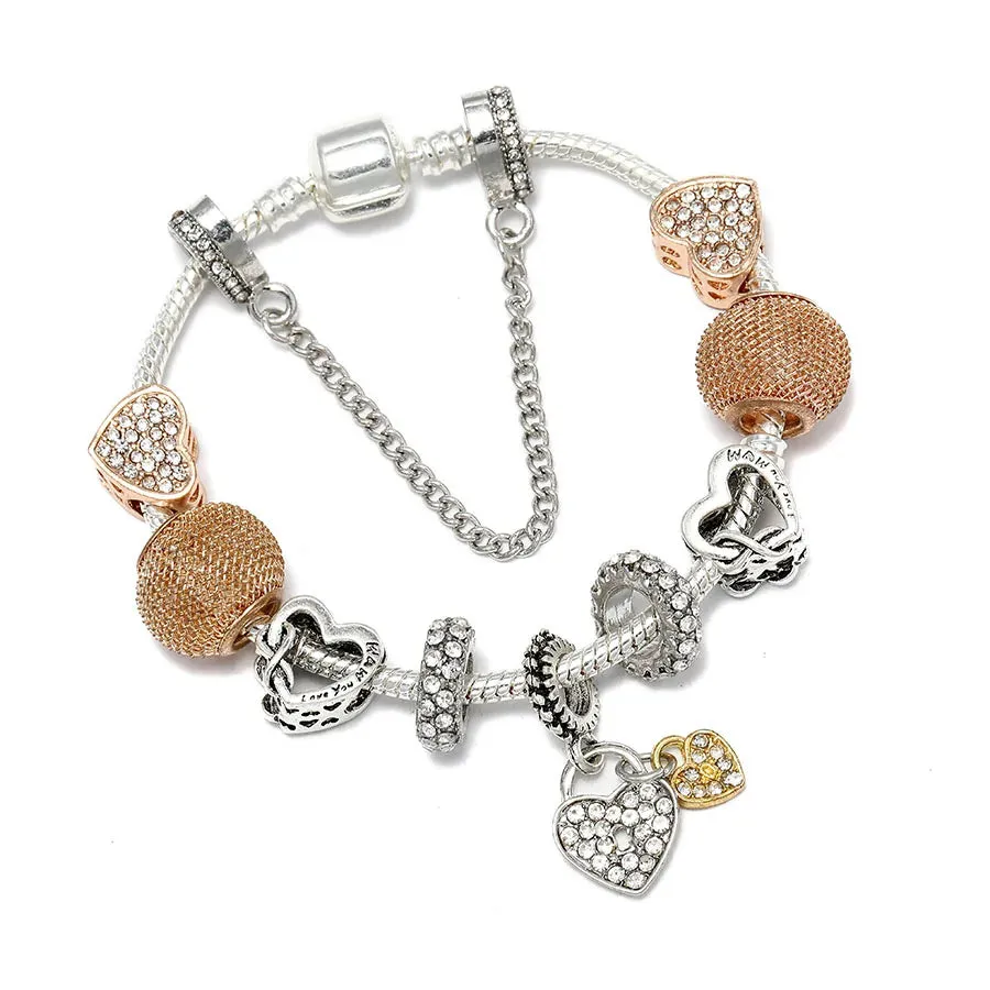 Buipoey Silver Plated Heart Key Pendant Charm Bracelets For Women Original Girls Princess Crown Beaded Bracelet Wife Jewelry