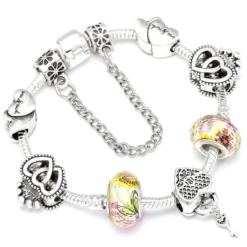 Buipoey Silver Plated Heart Key Pendant Charm Bracelets For Women Original Girls Princess Crown Beaded Bracelet Wife Jewelry