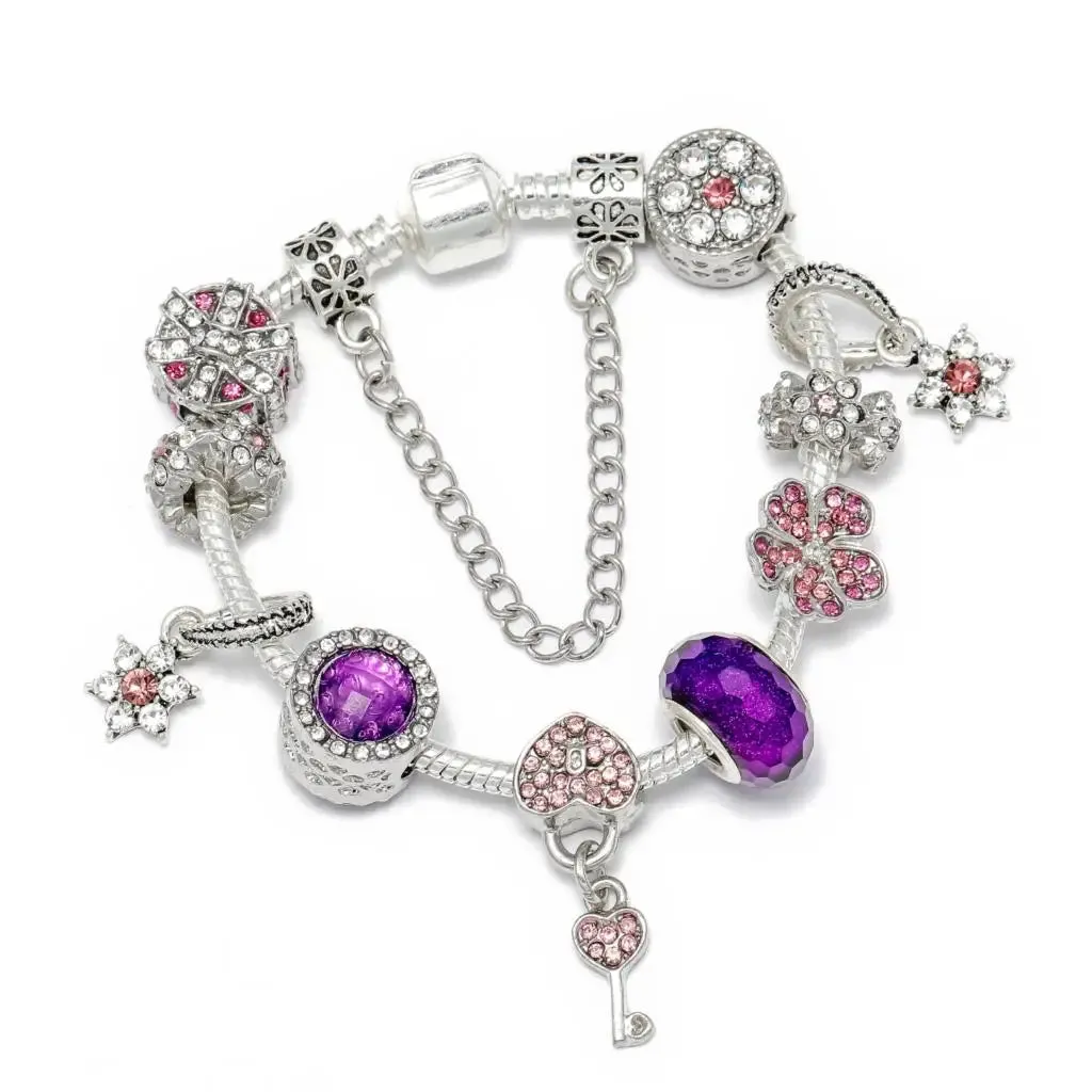 Buipoey Silver Plated Heart Key Pendant Charm Bracelets For Women Original Girls Princess Crown Beaded Bracelet Wife Jewelry