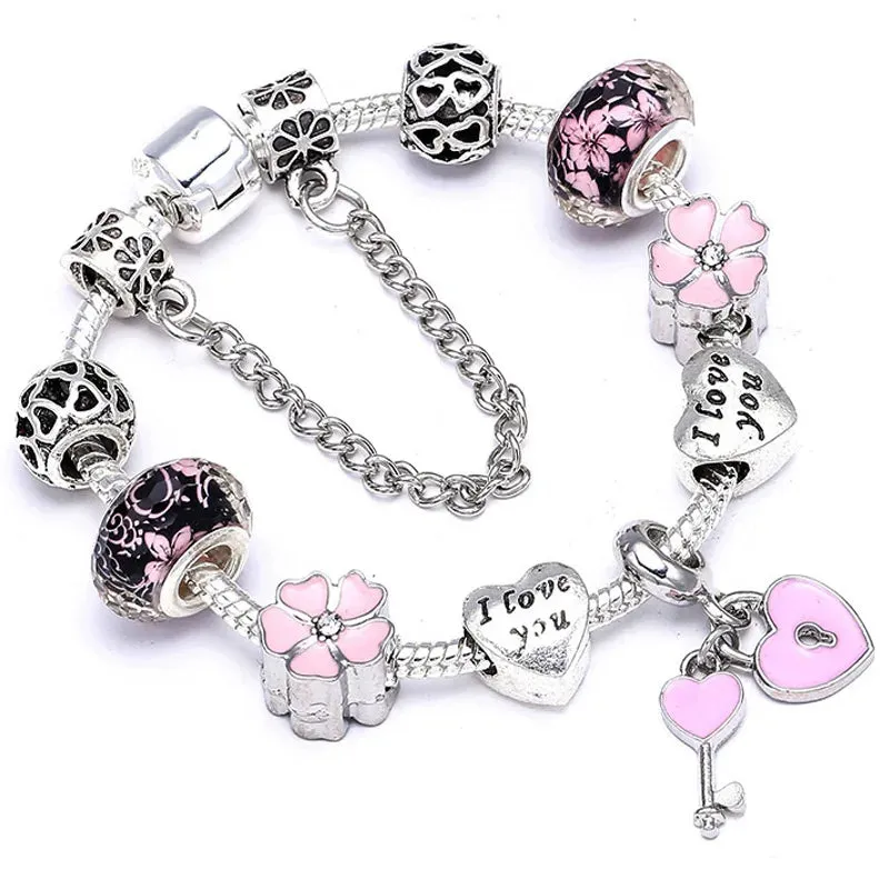 Buipoey Silver Plated Heart Key Pendant Charm Bracelets For Women Original Girls Princess Crown Beaded Bracelet Wife Jewelry