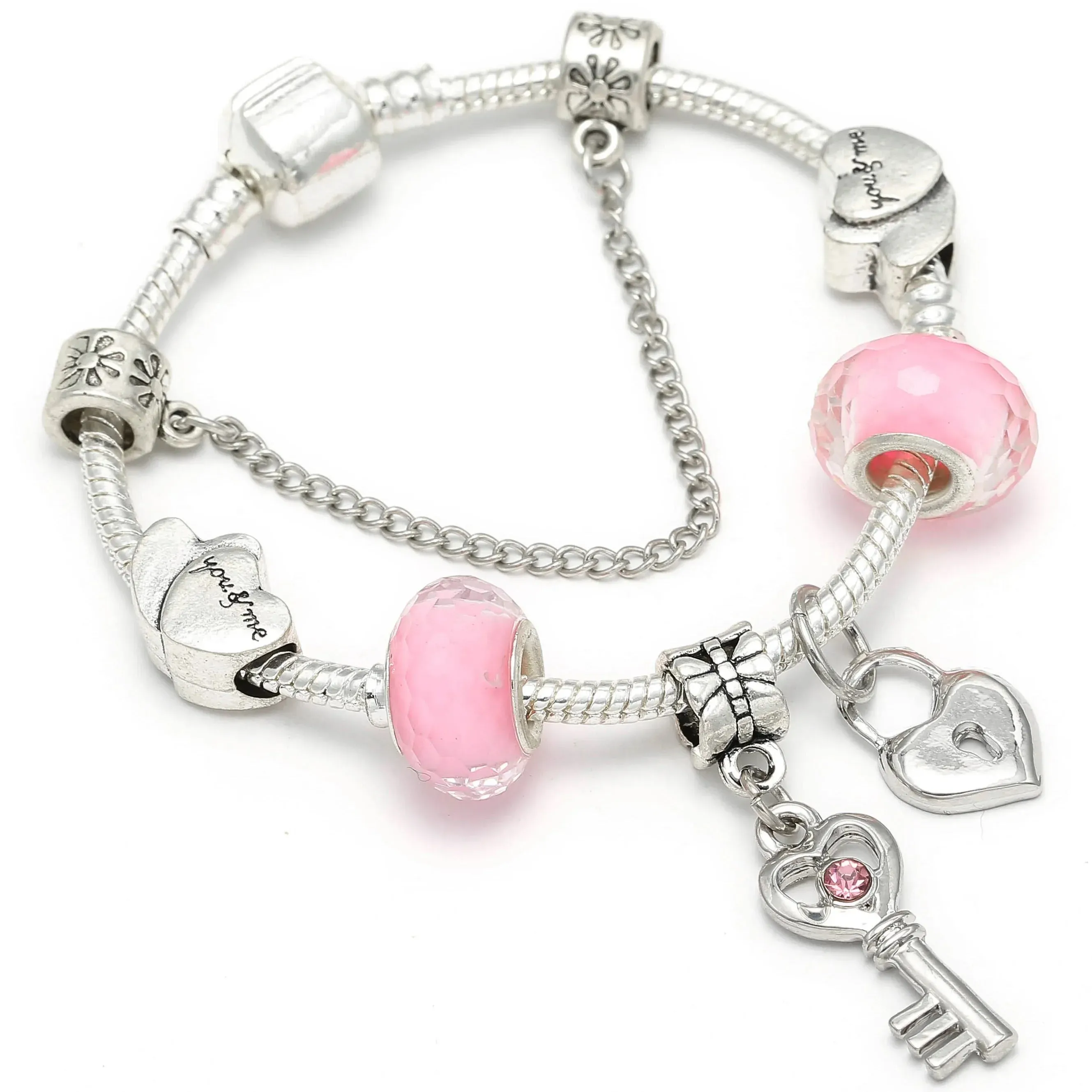Buipoey Silver Plated Heart Key Pendant Charm Bracelets For Women Original Girls Princess Crown Beaded Bracelet Wife Jewelry