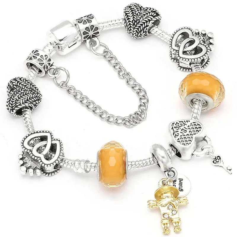 Buipoey Silver Plated Heart Key Pendant Charm Bracelets For Women Original Girls Princess Crown Beaded Bracelet Wife Jewelry