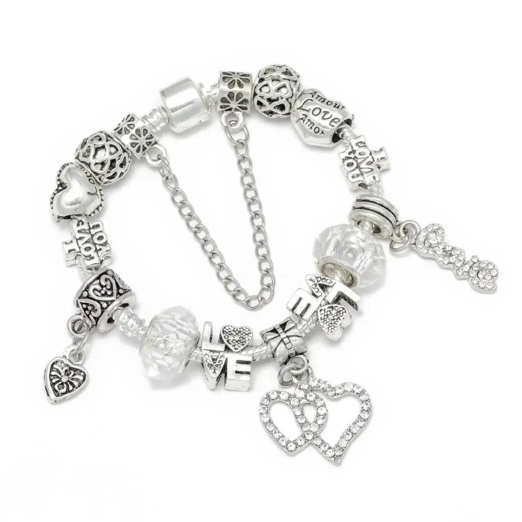 Buipoey Silver Plated Heart Key Pendant Charm Bracelets For Women Original Girls Princess Crown Beaded Bracelet Wife Jewelry