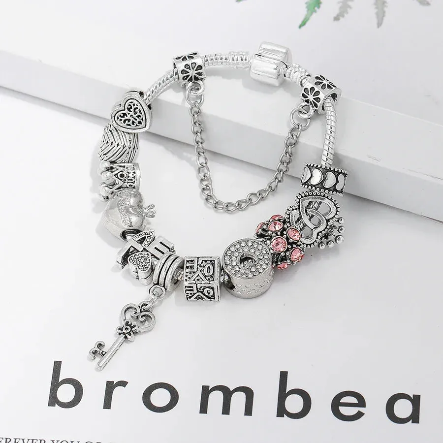 Buipoey Silver Plated Heart Key Pendant Charm Bracelets For Women Original Girls Princess Crown Beaded Bracelet Wife Jewelry