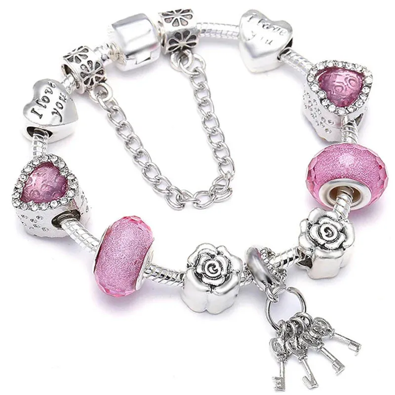 Buipoey Silver Plated Heart Key Pendant Charm Bracelets For Women Original Girls Princess Crown Beaded Bracelet Wife Jewelry