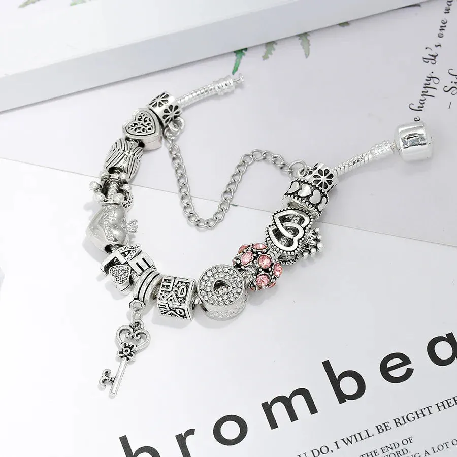 Buipoey Silver Plated Heart Key Pendant Charm Bracelets For Women Original Girls Princess Crown Beaded Bracelet Wife Jewelry