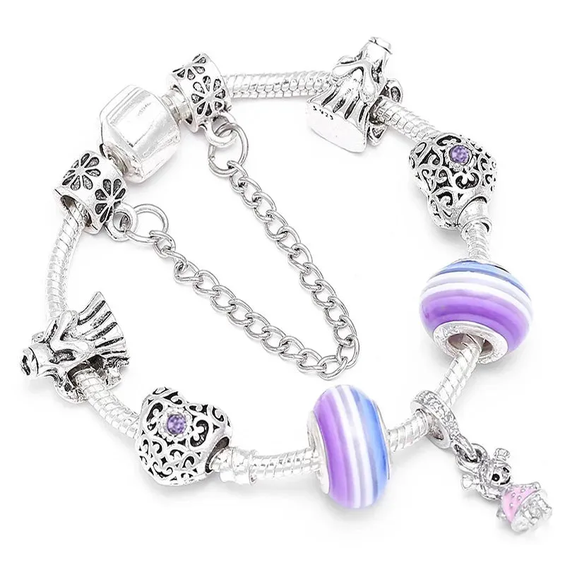 Buipoey Silver Plated Heart Key Pendant Charm Bracelets For Women Original Girls Princess Crown Beaded Bracelet Wife Jewelry