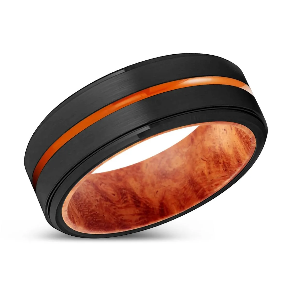 BURNABY | Red Burl Wood, Black Tungsten Ring, Orange Groove, Stepped Edge