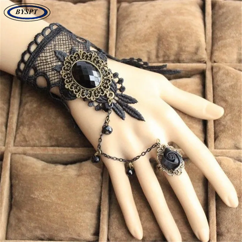 BYSPT Fashion Gothic Tattoo Tassel Lace Rose Bracelet Classical Women's Retro Vintage Charms Bracelet for Wedding Jewelry