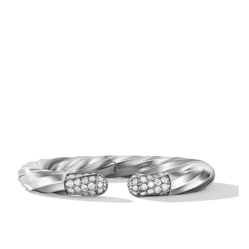 Cable Edge Cuff Bracelet in Recycled Sterling Silver with Pavé Diamonds, Size Large