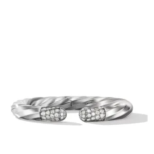 Cable Edge Cuff Bracelet in Recycled Sterling Silver with Pavé Diamonds, Size Large