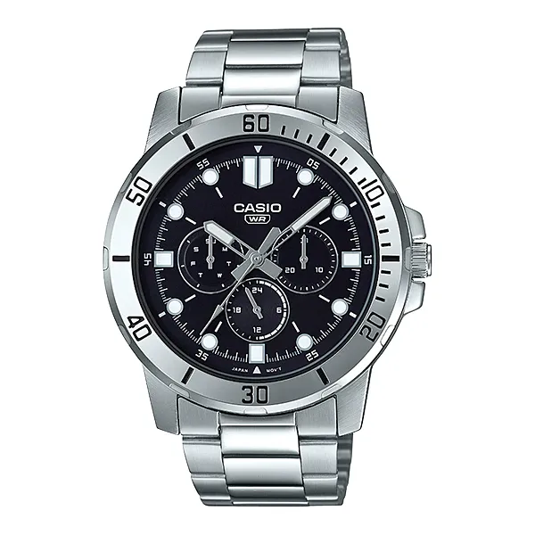 Casio Silver Stainless Steel Black Dial Quartz Watch for Gents - MTP-VD300D-1EUDF