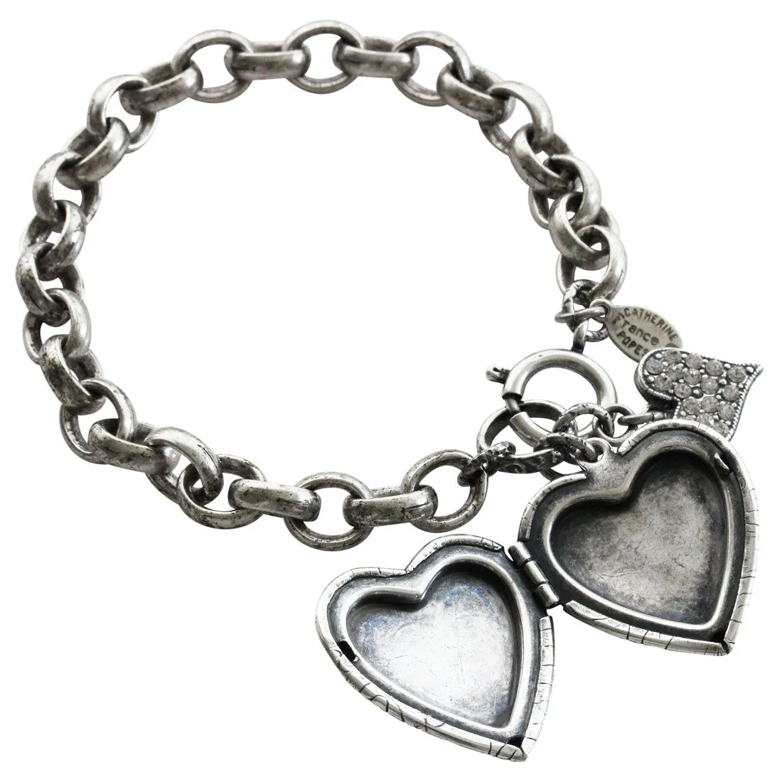 Catherine Popesco Sterling Silver Plated Crystal Heart Locket Bracelet, 1681