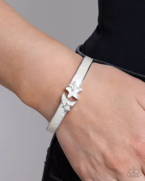 Celestial Cutie - White - Pearly Painted Moon and Star Paparazzi Hinge Bracelet
