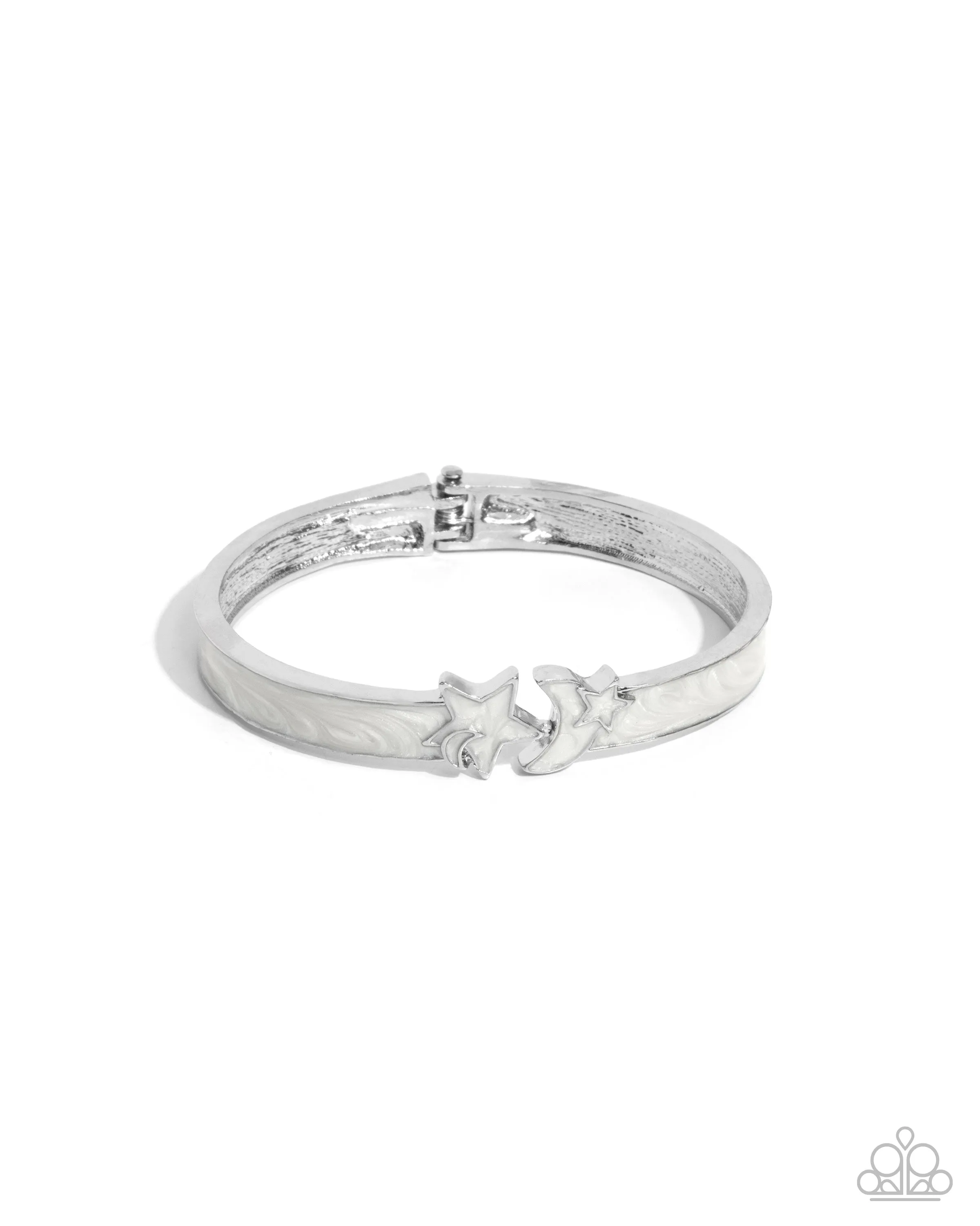 Celestial Cutie - White - Pearly Painted Moon and Star Paparazzi Hinge Bracelet