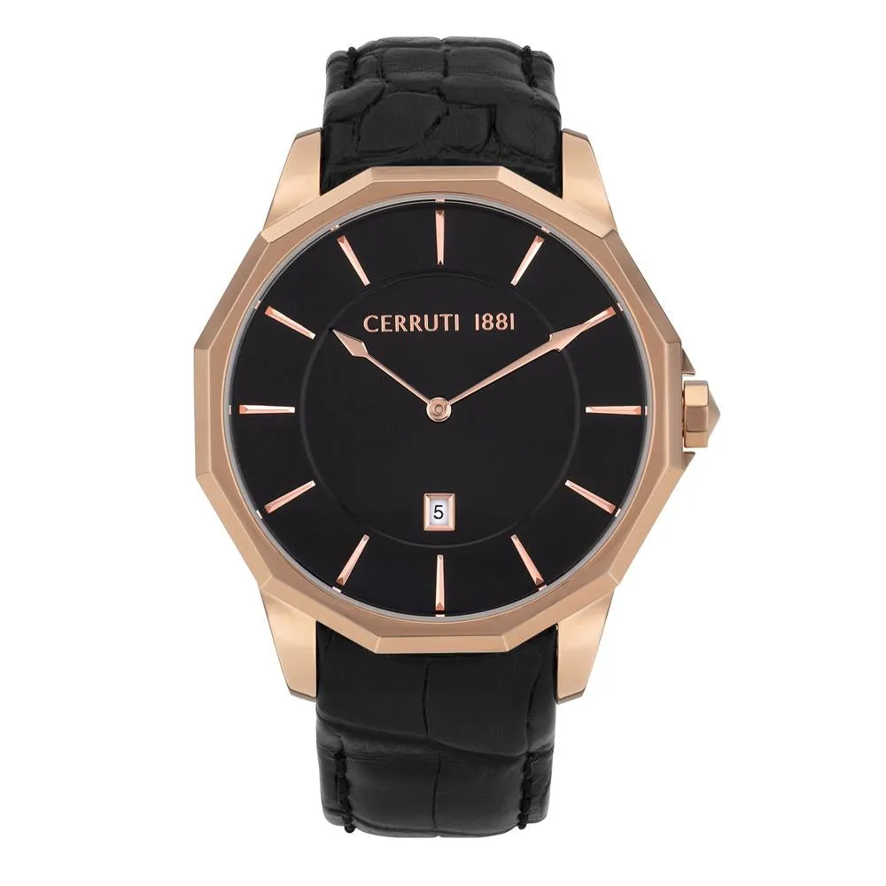 Cerruti Men's Rose Gold Plated Case WithÂ Black Dial & Black Leather Strap