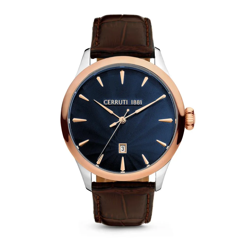 Cerruti Men's Watch Stainless Steel / Rose Gold Plated Case With Blue Dial & Brown Leather Strap