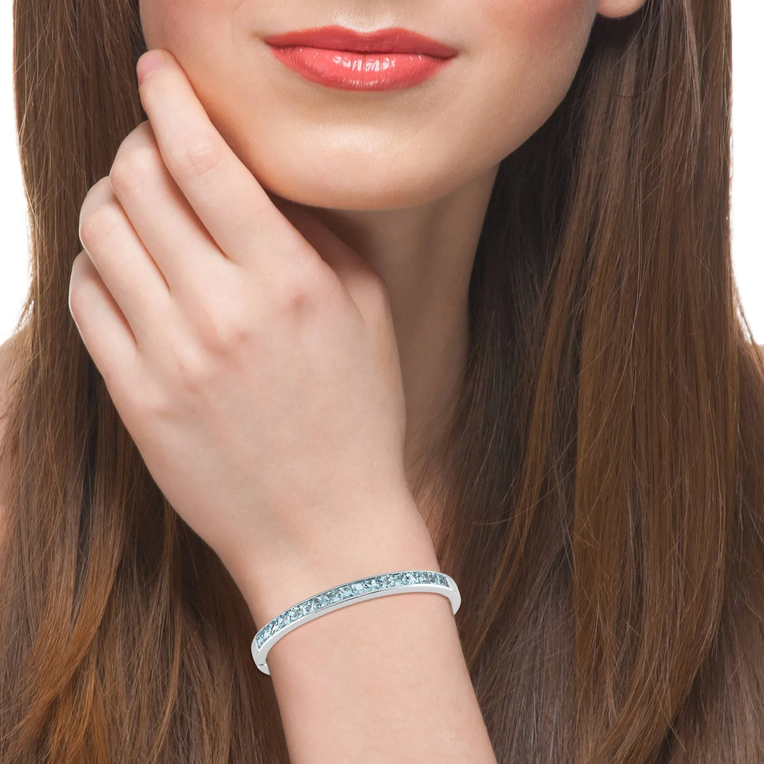 Channel Set Square Aquamarine Gemstone Open Cuff Bracelet In 14k White Gold