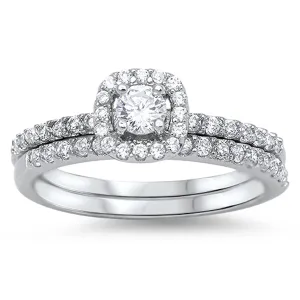 Clear CZ Polished Halo Wedding Ring Set New .925 Sterling Silver Band Sizes 5-10